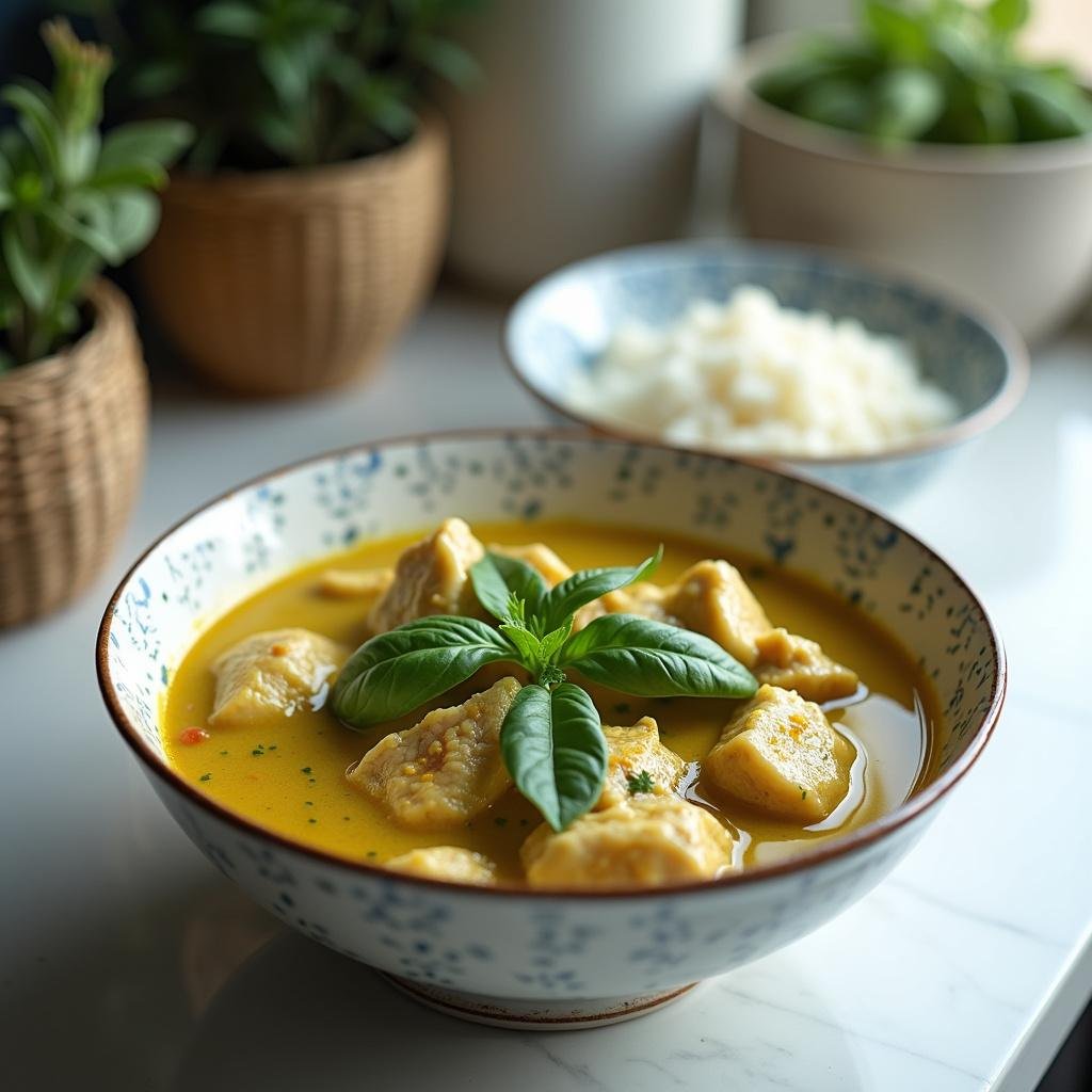 Creamy green Thai chicken curry with jasmine rice and fresh basil, showcasing easy homemade Thai recipes