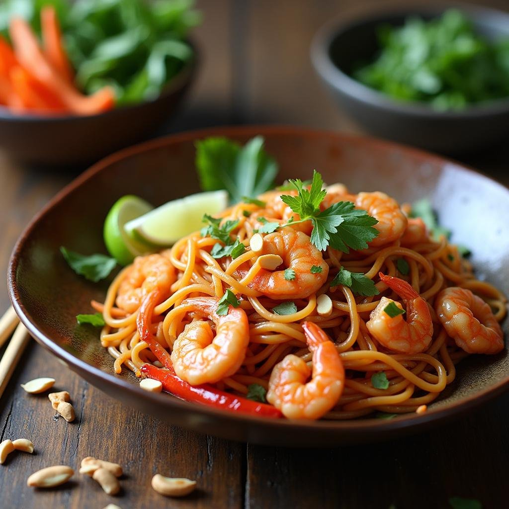 Delicious Pad Thai with shrimp, lime, and peanuts served on a wooden table, representing Thai cuisine at home
