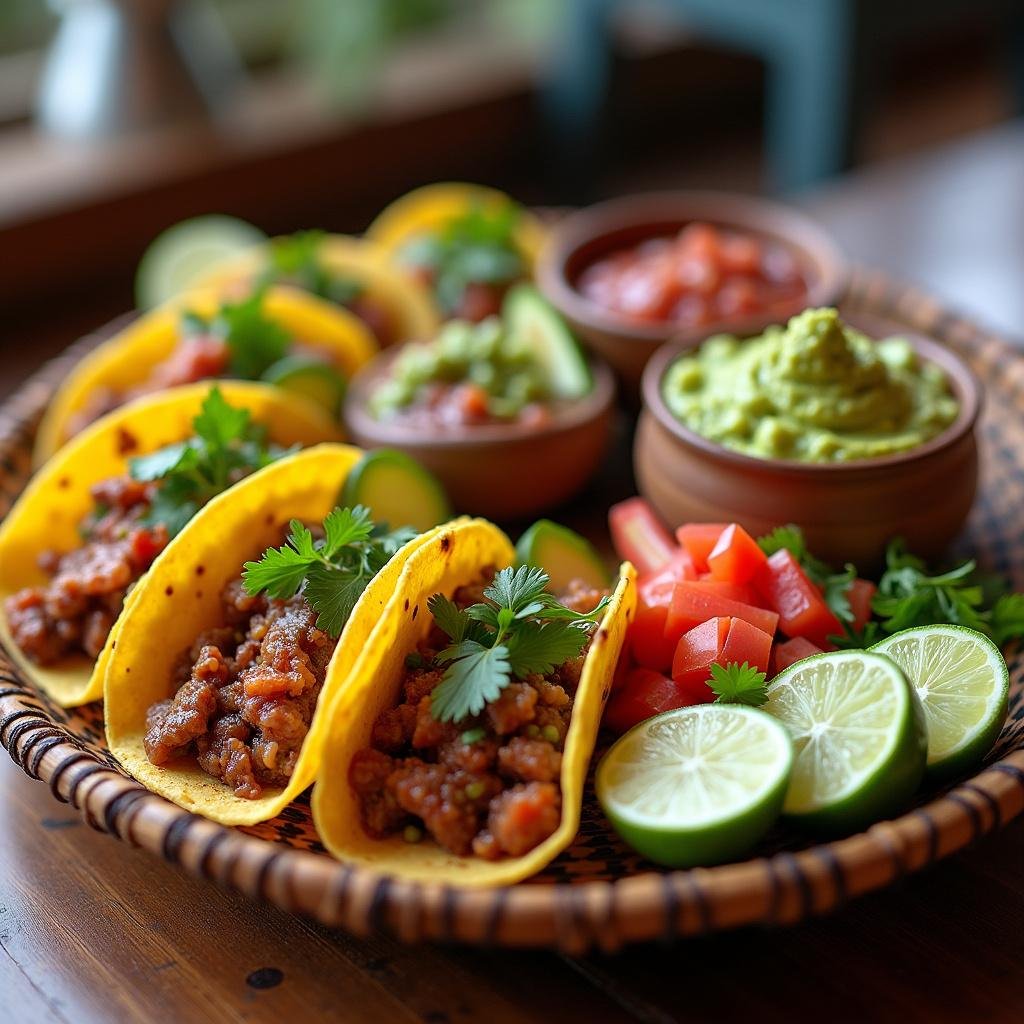 Authentic Mexican tacos with meat, vegetables, and toppings on a traditional woven tray, highlighting ethnic dinner options