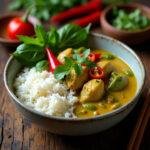 Delicious Thai green curry with rice, herbs, and chili, showcasing colorful and authentic ethnic cuisine