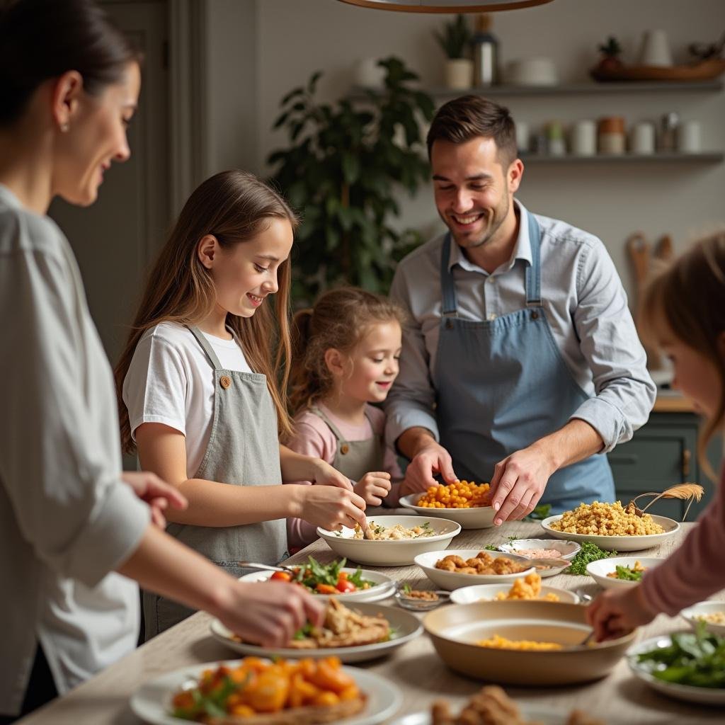 Family members cooking and serving homemade Sunday dinner together in a warm kitchen, demonstrating love and cooperation.