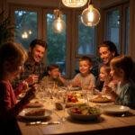 Family enjoying Sunday dinner together around a table, smiling and sharing a loving moment in a cozy home setting.