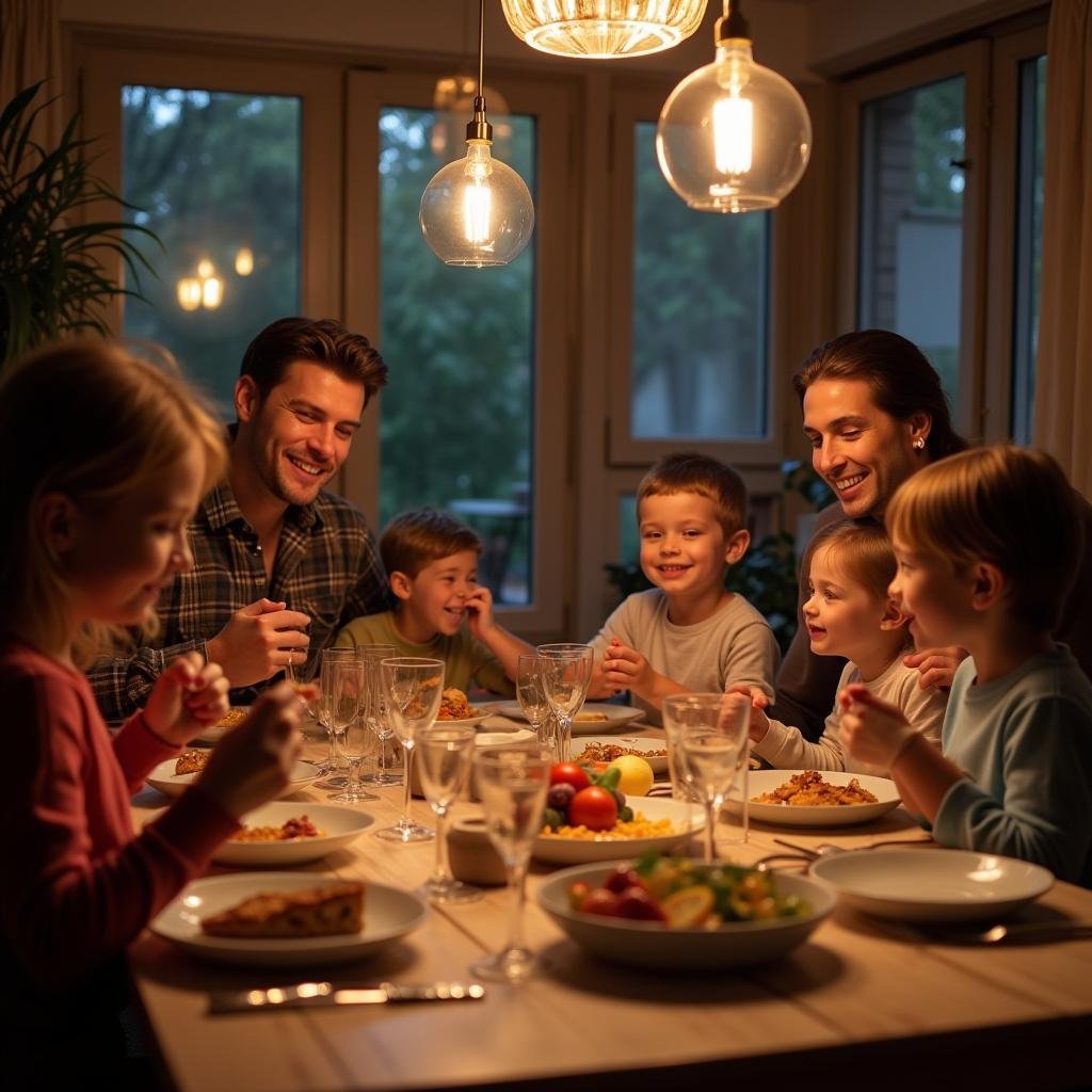 Family enjoying Sunday dinner together around a table, smiling and sharing a loving moment in a cozy home setting.