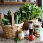 Grocery basket with vegetables, herbal teas, and probiotic yogurt for anti-bloat diet, healthy eating concept.