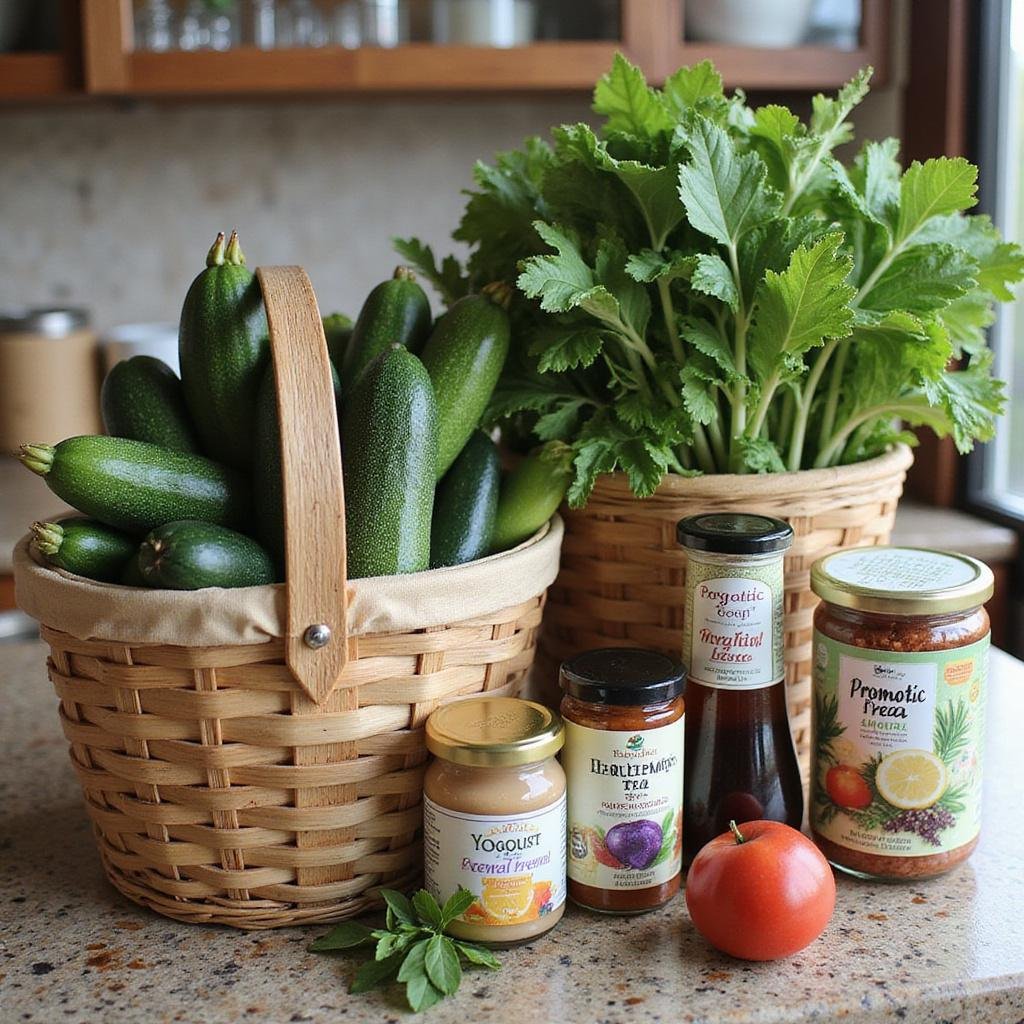 Grocery basket with vegetables, herbal teas, and probiotic yogurt for anti-bloat diet, healthy eating concept.