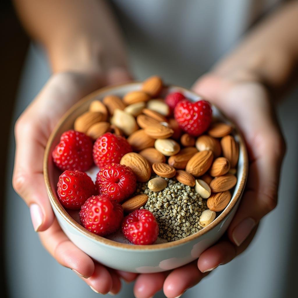 Close-up of a hand holding a bowl of mixed nutritious snacks including almonds, strawberries, and sunflower seeds for brain health.