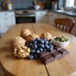 Healthy brain-boosting snacks such as walnuts, blueberries, dark chocolate, and pumpkin seeds on a wooden table in a cozy kitchen setting.