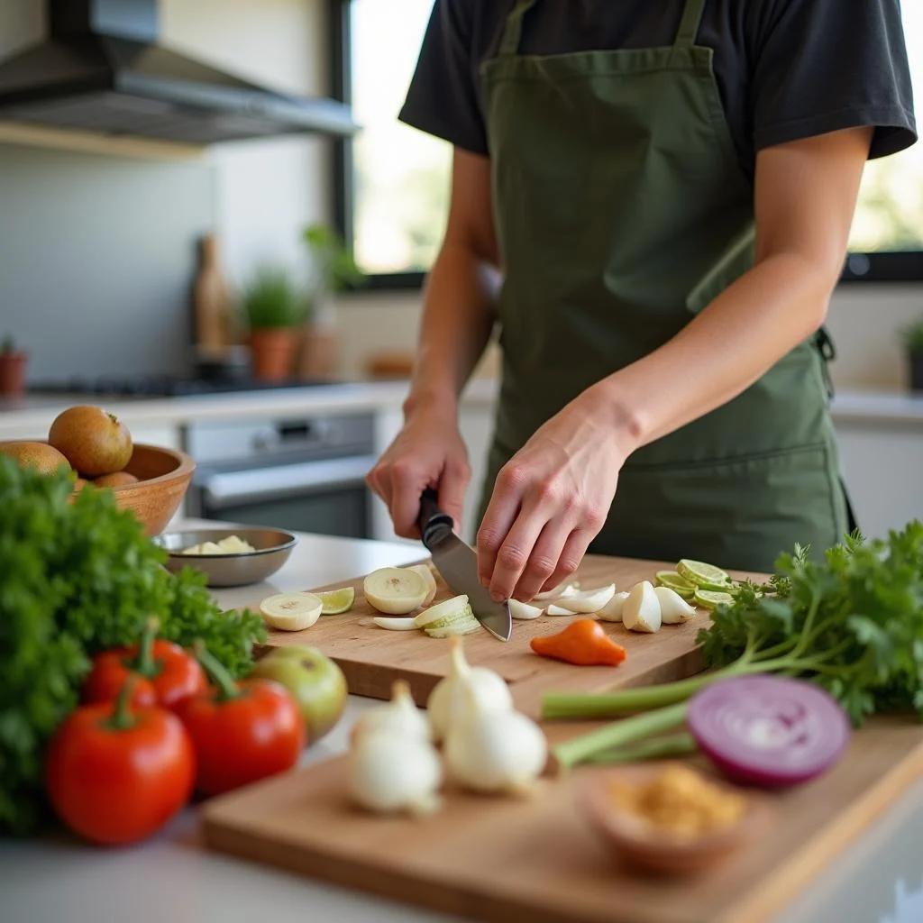 Chef preparing prebiotic ingredients like onions and garlic in a contemporary kitchen setting, highlighting food preparation.