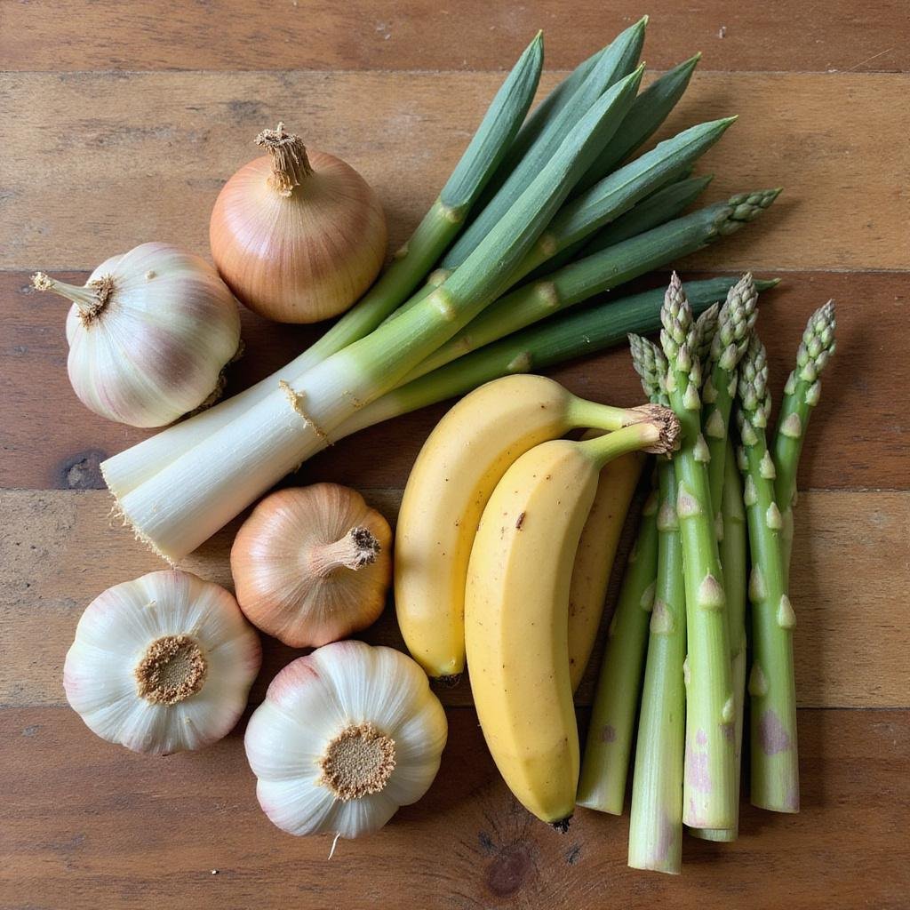 Assorted prebiotic foods such as garlic, onions, leeks, asparagus, and bananas arranged on a rustic wooden surface, ready for cooking.