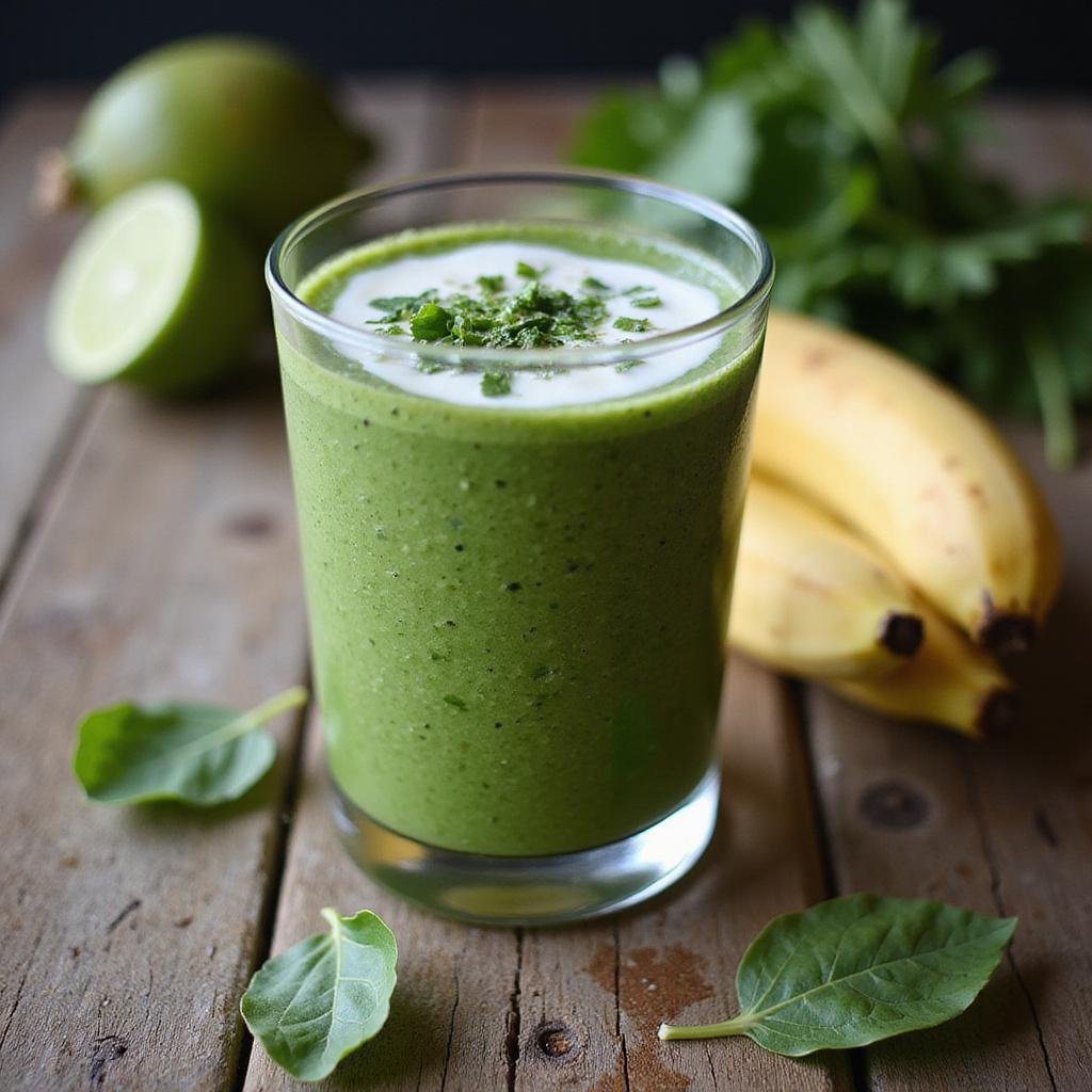 A glass of green spinach and banana smoothie on a wooden table, highlighting healthy digestion and energy boost.