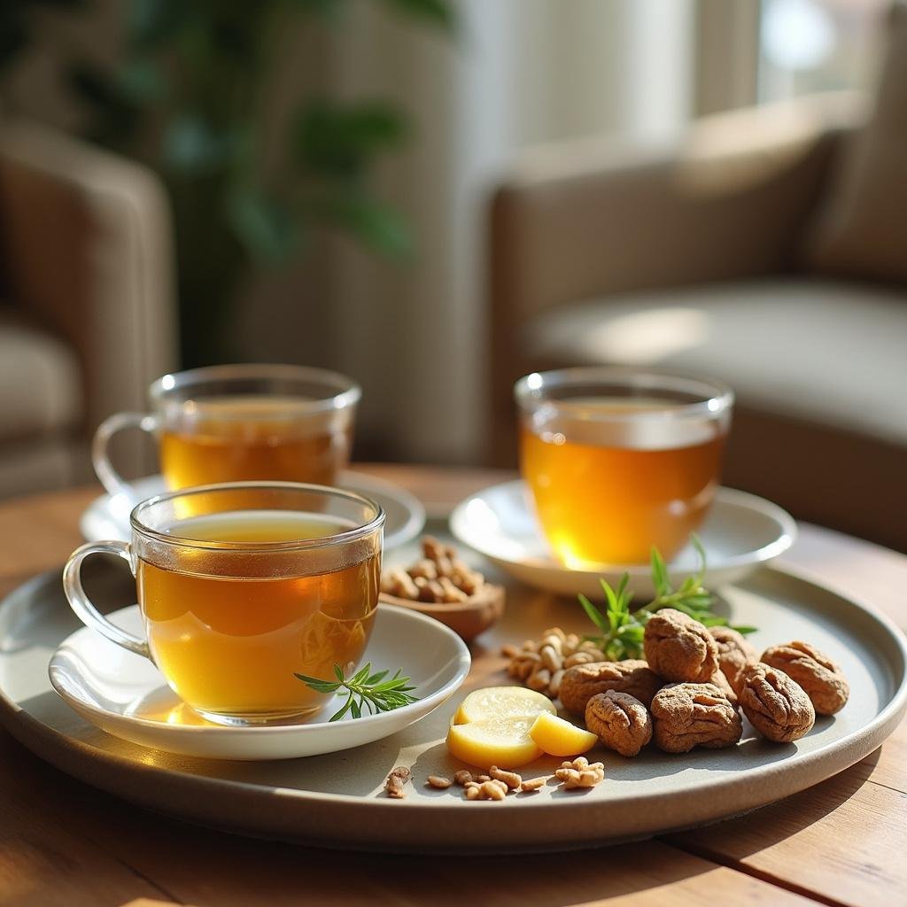 A tray of teas and healthy snacks prepared for stress relief, showcasing green tea, chamomile, nuts, and fruit slices in a calming setting.