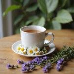 A comforting cup of herbal tea with chamomile and lavender, ideal for stress relief, on a wooden table.