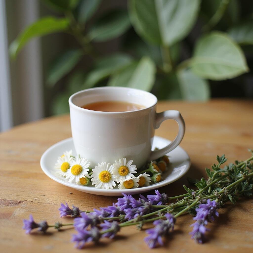 A comforting cup of herbal tea with chamomile and lavender, ideal for stress relief, on a wooden table.