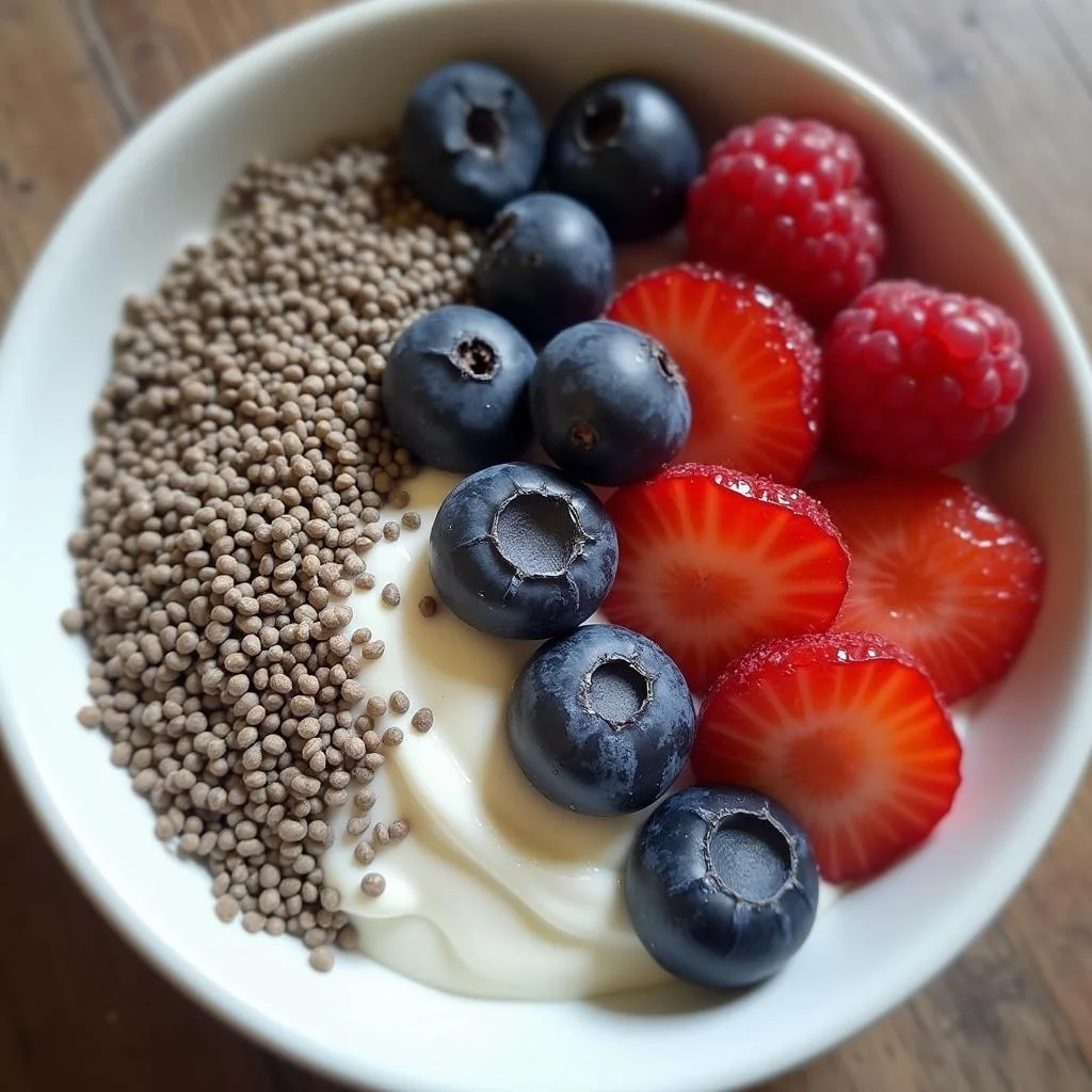Probiotic yogurt with fresh berries and chia seeds, representing foods that help heal and balance gut hormones.