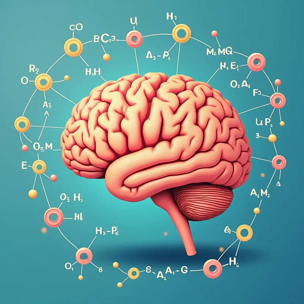 Illustration of a healthy brain with omega-3 fatty acids molecules around it, depicting the importance of omega-3s for brain health