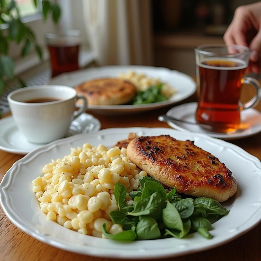 Close-up of a budget-friendly dinner setup with simple dishes and drinks for the USD5 Dinner Party Challenge
