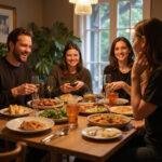 Friends at a USD5 dinner party sharing a affordable homemade meal in a cozy living room