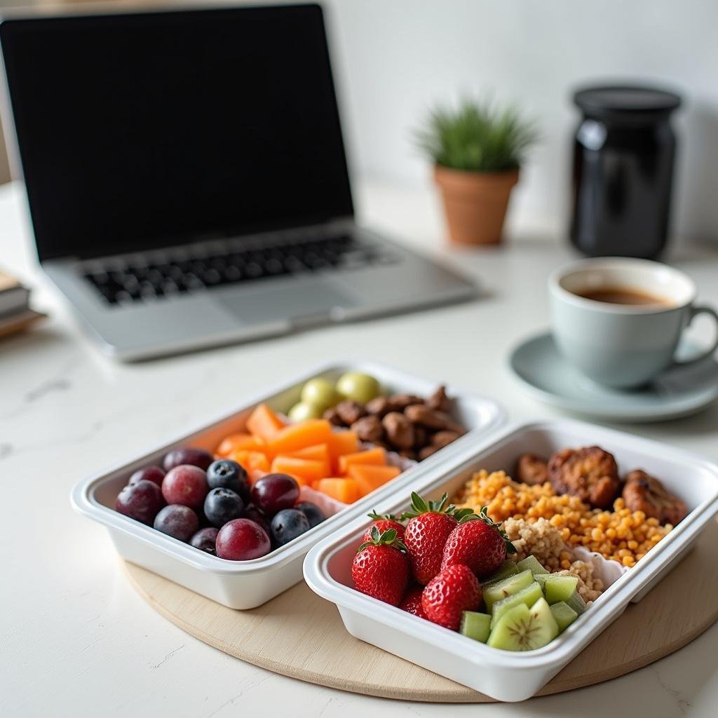 A work-from-home setup with laptop, meal prep containers, and a cup of coffee, illustrating a typical work-from-home meal routine