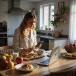 A person preparing a healthy breakfast at home kitchen with natural sunlight, laptop open on the table, and fresh fruits displayed for work-from-home meal routine