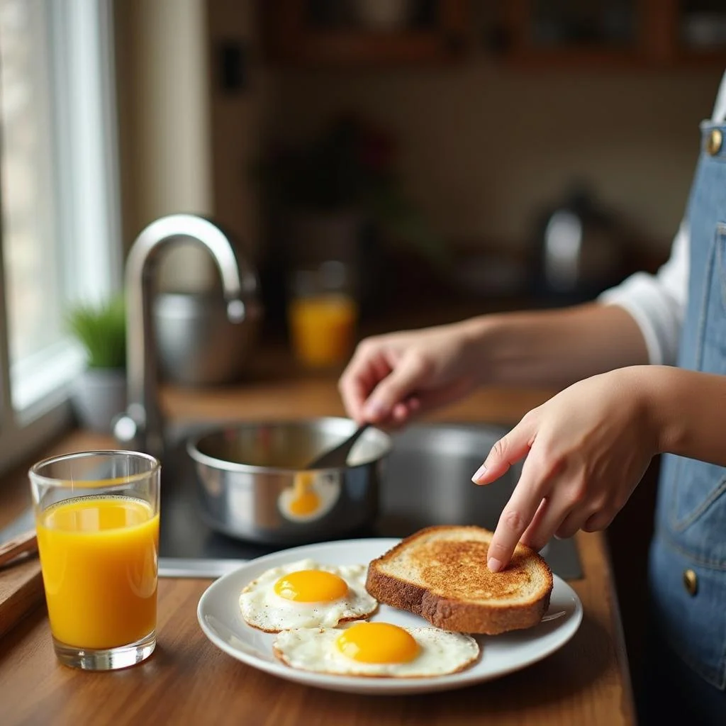 A person making a simple and affordable breakfast with eggs, toast, and orange juice in a warm kitchen setting