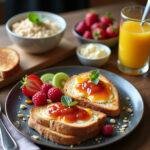 A delicious and budget-friendly breakfast consisting of oatmeal, toast with jam, and fresh fruit on a wooden table
