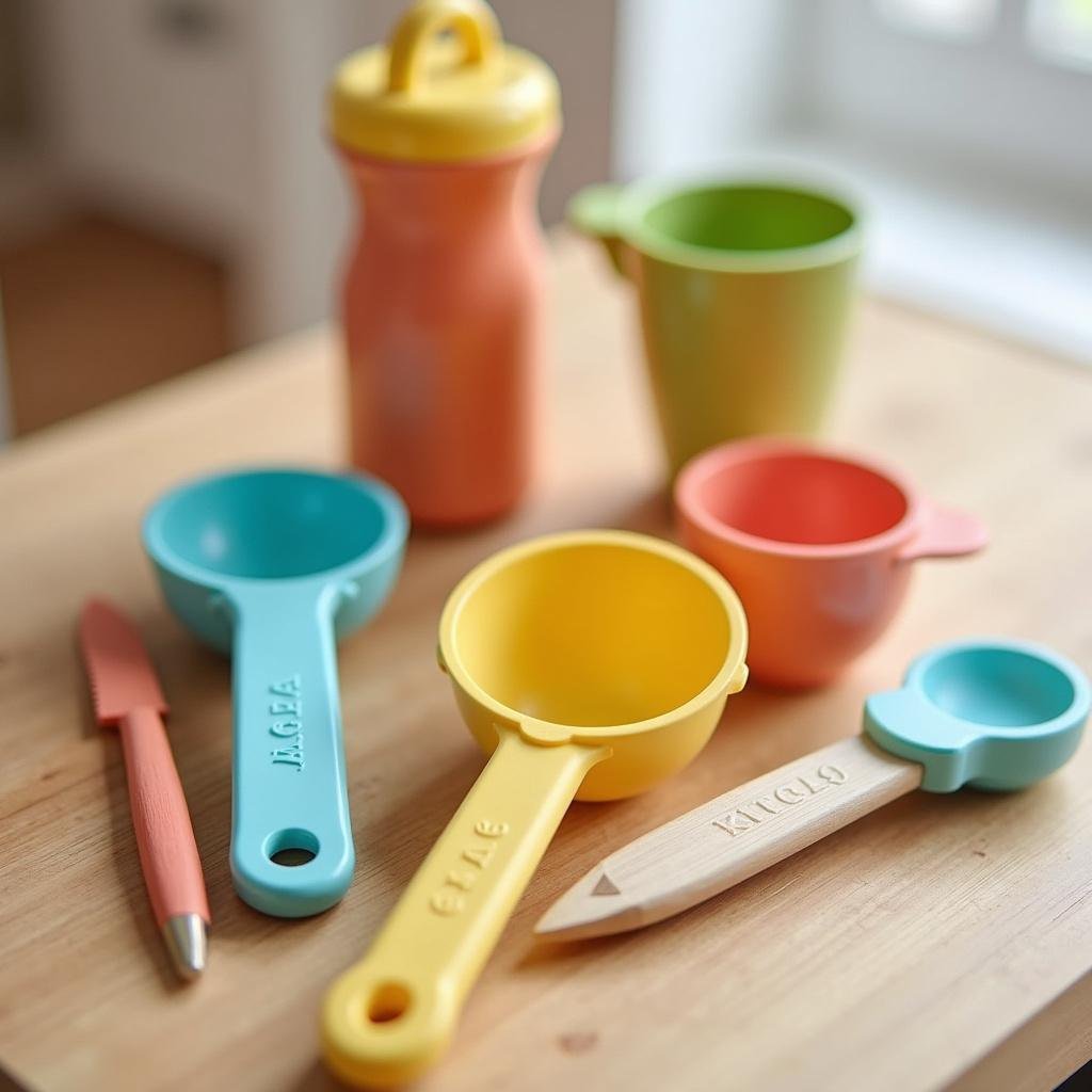 Kids-friendly kitchen tools like colorful measuring cups and safe utensils on a countertop
