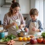Parent and child happily cooking together in the kitchen with kids-friendly kitchen tools