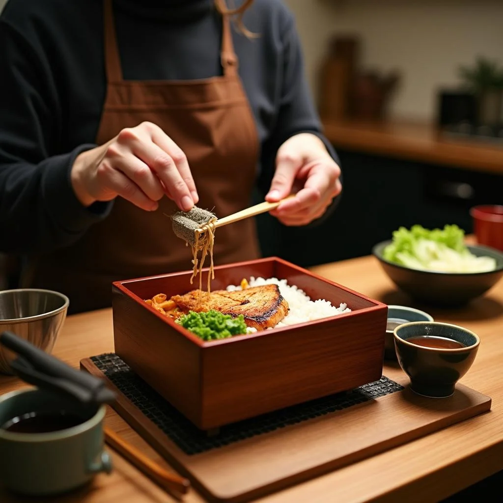 A person preparing a Japanese bento box with rice, vegetables, and grilled fish in a kitchen.