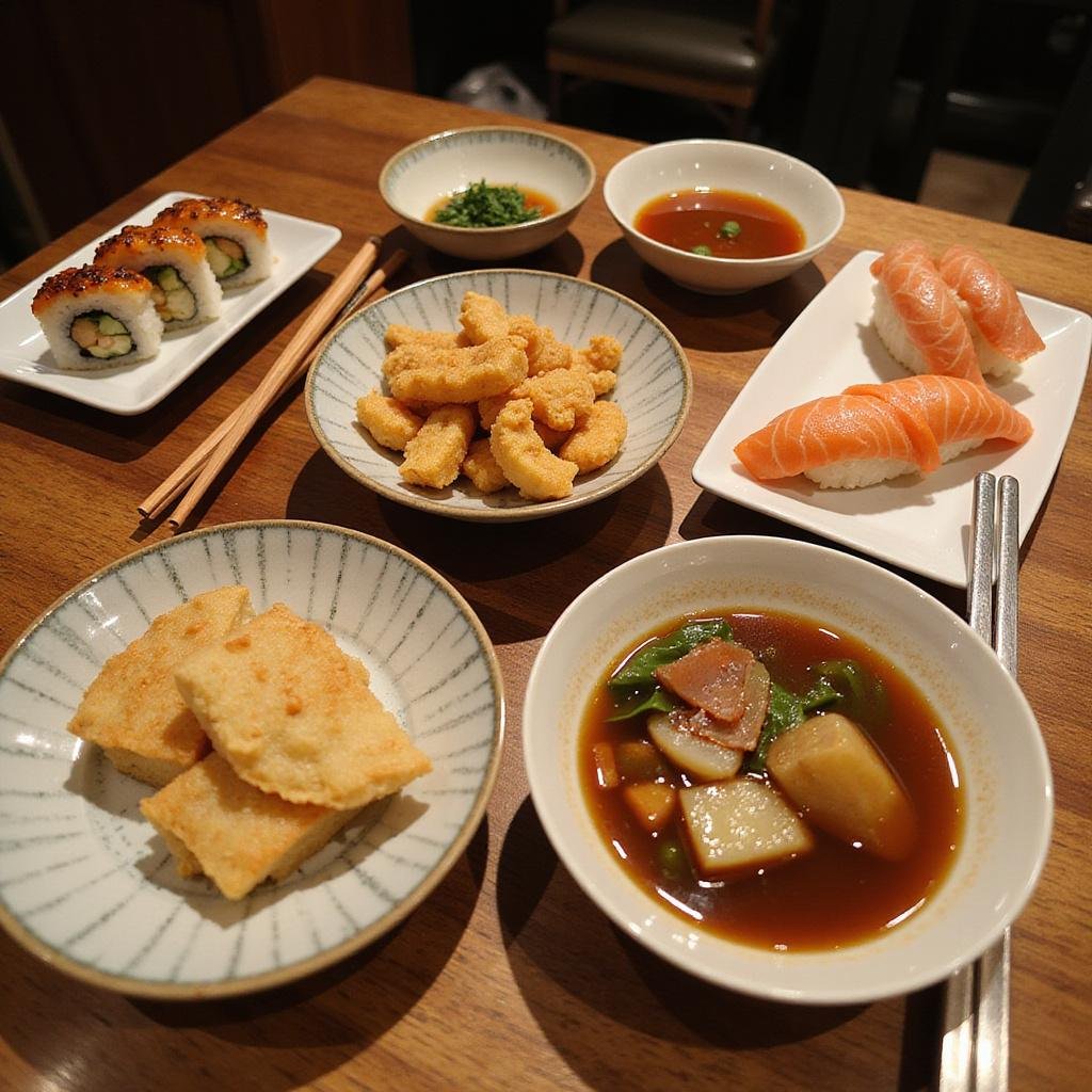 A traditional Japanese meal with sushi, tempura, miso soup, and chopsticks on a wooden table.