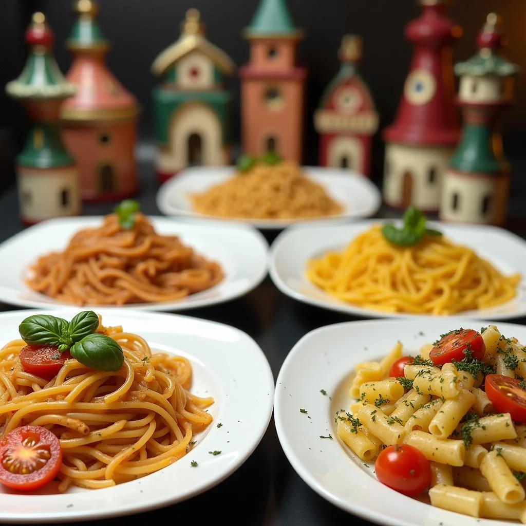 Close-up of assorted Italian pasta recipes with fresh garnishes, highlighting the diversity of pasta dishes in Italy.