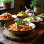 Variety of Italian pasta dishes on a wooden table with herbs and cheese, representing traditional Italian cuisine.