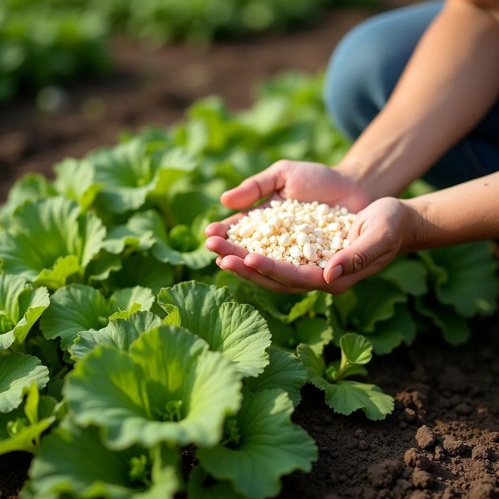 Gardener adding crushed eggshells to soil in a thriving garden to enrich nutrients and improve plant health