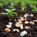 Crushed eggshells spread on garden soil around young green plants, illustrating natural composting