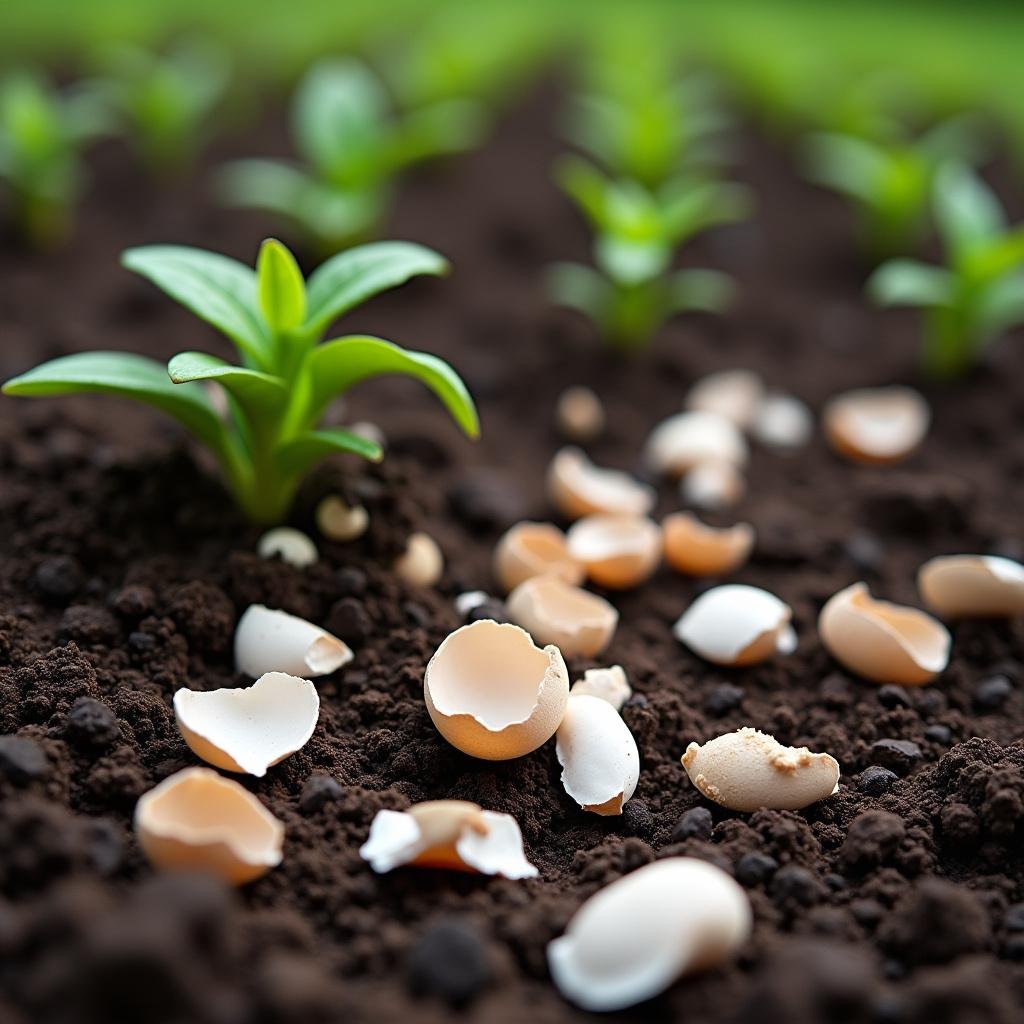 Crushed eggshells spread on garden soil around young green plants, illustrating natural composting