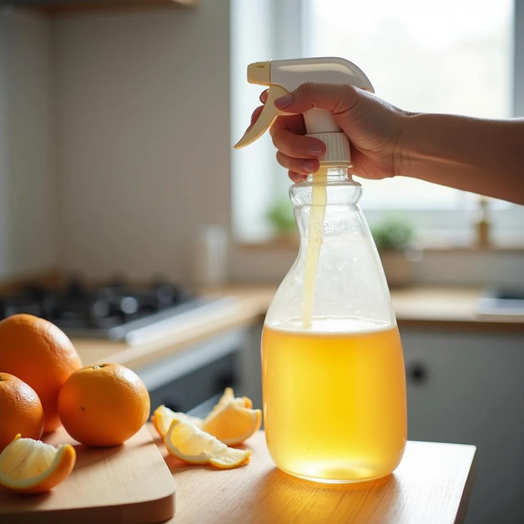 Individual transferring orange peel-based cleaning solution into a spray bottle in a modern kitchen