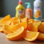 Fresh orange peels on a wooden table next to bottles of homemade cleaning solution