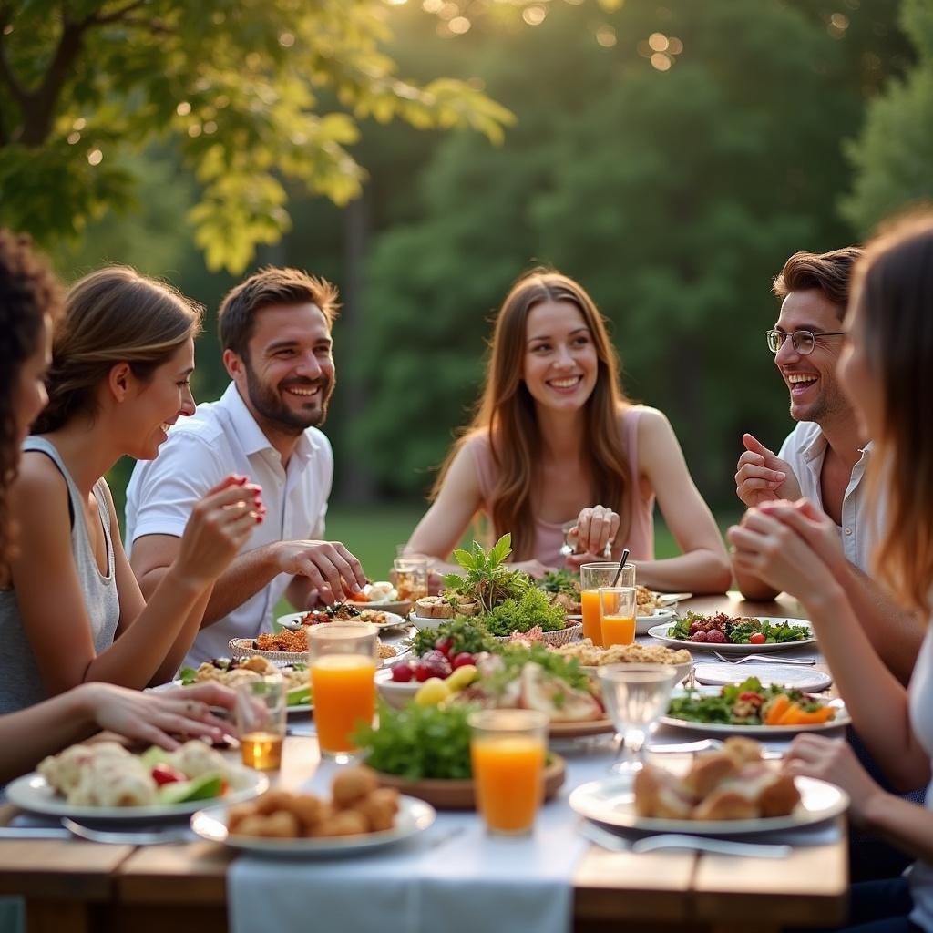 Happy friends eating vegan food outside, with diverse plant-based dishes on the table