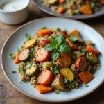 Delicious vegan meal featuring roasted vegetables, quinoa, and herbs on a wooden table