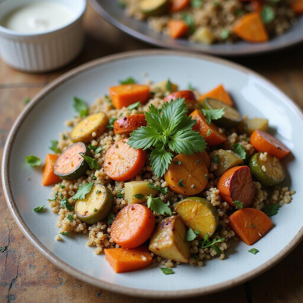 Delicious vegan meal featuring roasted vegetables, quinoa, and herbs on a wooden table