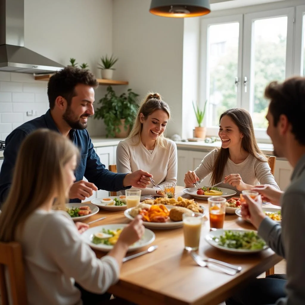 Family sharing a meal together at a table, representing weekend family cooking rituals with happy expressions.