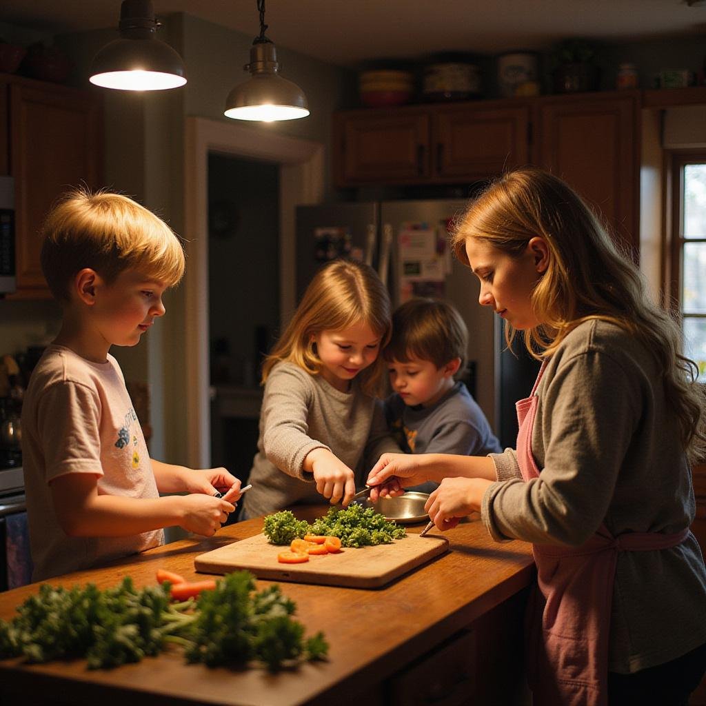Family cooking together in a cozy kitchen with children and parents preparing a meal, warm and inviting scene.