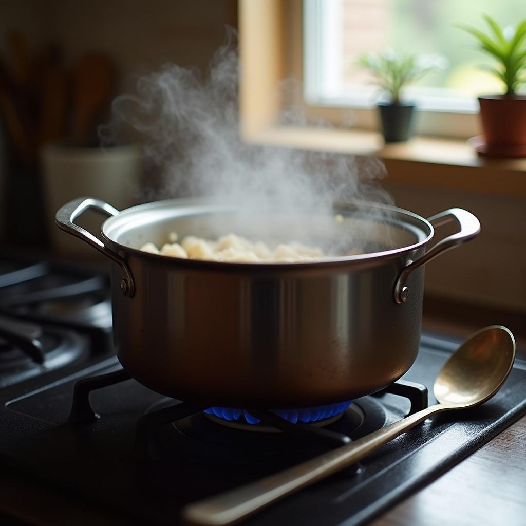 Close-up of a steaming pot on the stove, symbolizing soothing home cooking during anxious times.
