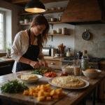 Person preparing comfort food in a cozy kitchen, chopping vegetables amid baking ingredients, evoking a calming cooking environment.