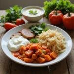A diverse plate of probiotic foods including yogurt, kimchi, and sauerkraut with fresh vegetables on a wooden table, promoting a healthy happy gut.