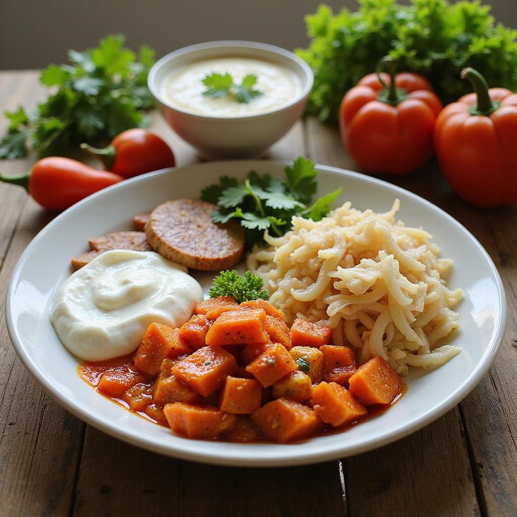 A diverse plate of probiotic foods including yogurt, kimchi, and sauerkraut with fresh vegetables on a wooden table, promoting a healthy happy gut.