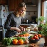 Person preparing healthy whole foods dinner quickly in a modern kitchen with fresh vegetables and ingredients on the counter.