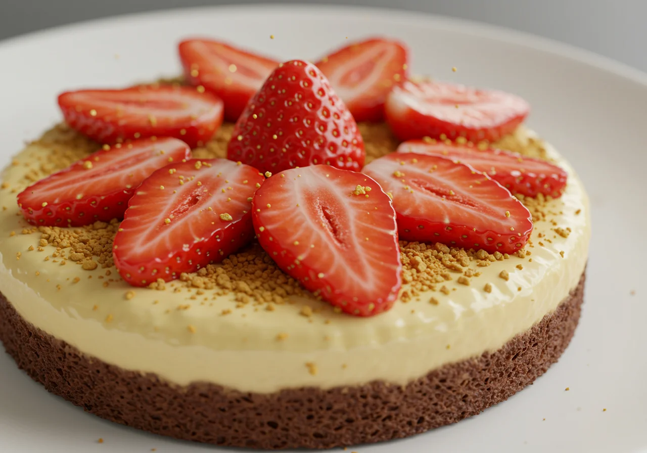 Decorating the Strawberry Blonde Delight dessert with fresh strawberries and graham cracker crumbs, making it visually appealing.