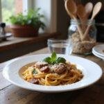 A realistic image of creamy Tuscan sausage pasta served on a white plate, garnished with basil and Parmesan, in a cozy home kitchen setting with natural light and rustic decor.