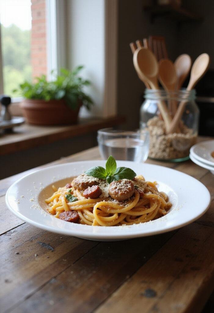 A realistic image of creamy Tuscan sausage pasta served on a white plate, garnished with basil and Parmesan, in a cozy home kitchen setting with natural light and rustic decor.