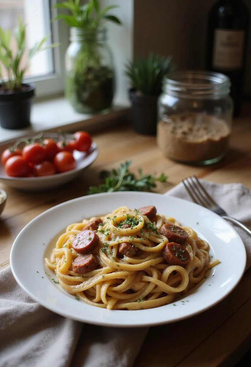 A realistic image of creamy Tuscan sausage pasta plated on a wooden countertop in a home kitchen, featuring fresh ingredients and warm lighting.